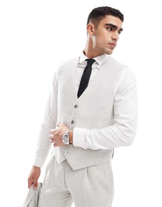 Asos slim suit vest with wool in ice gray herringbone-Neutral