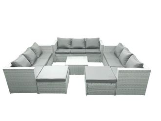 Fimous Rattan Garden Outdoor Furniture Set 11 Seater Rattan Garden Sofa Set with 2 Big Footstools Light Grey Mixed