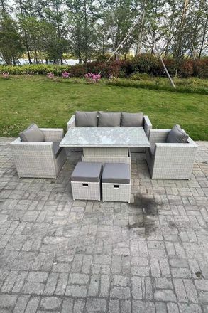 Fimous Rattan Garden Funiture Set Adjustable Rising Lifting Table Sofa Dining Set With 2 Arm Chair Stool in Light Grey
