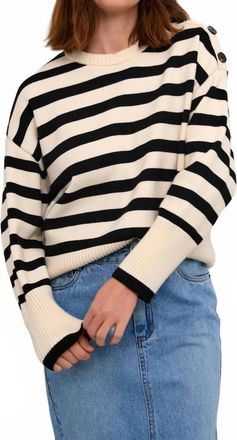Kaffe Marie Round Neck Casual Fit Pullover Sweater In Ant White Black Stripe