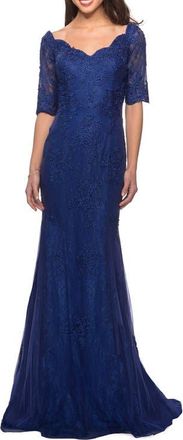 La Femme Floor Length Lace Dress with Rhinestone Accents in Marine Blue at Nordstrom, Size 16