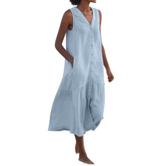 Generic Cotton Linen Dresses for Women UK Button Down V-Neck Sleeveless Dress Casual Summer Loose Baggy Long Dress Solid Color Plus Size Flowy Beach Holiday S