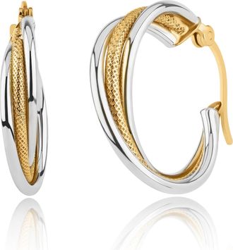 MAX + STONE Solid 10K Yellow and White Gold Two Tone 20mm Trio Knurled Wire Hoop Earrings