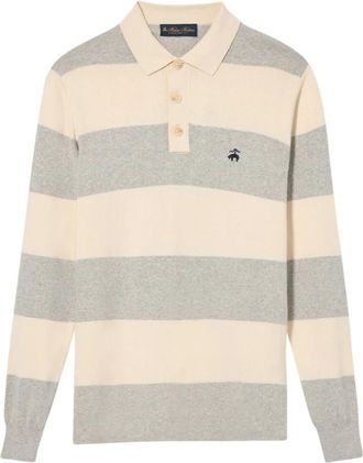 Brooks Brothers Gestreepte katoen-kasjmier rugby gebreide polo - Heren - Ronde hals truien - Grijs - S - Katoen - Truien & Vesten