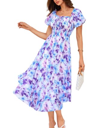 Grace Karin Women Summer Chiffon Dresses Puff Sleeve Square Neck A-line Floral Maxi Dress for Wedding Beach Purple XL