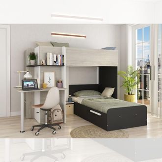 Vente-Unique Vente-unique - Letto A Castello Ad Angolo Con Scrivania 2 X 90 X 190 Cm Grigio, Bianco E Nero - Samuel
