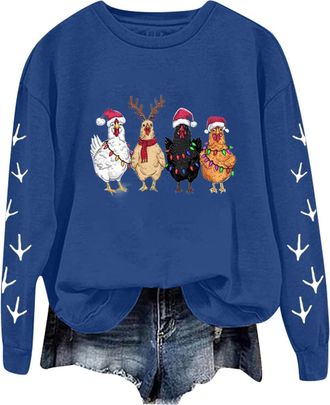 Generic Womens Christmas Sweatshirts Funny Chickens Graphic Print Xmas Jumper Casual Long Sleeve Crew Neck Pullover Oversized Dressy Trendy Sweater Ladies Win