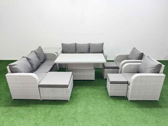 Fimous PE Rattan High Back Lounge Sofa Set Patio Adjustable Lifting Dining or Coffee Table & Chairs Set w/ 3 Seater Sofa Reclining Chair 3 Stools