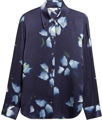 Vince Petal Blur Floral Silk Button-Up Shirt in Dark Navy at Nordstrom, Size Xx-Small