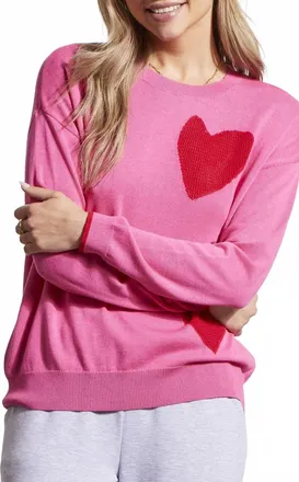 Tribal Pointelle Heart Crewneck Sweater In Pink