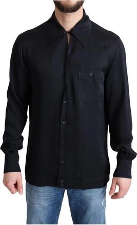 Dolce & Gabbana Zwarte Jacquard Zijden Button-Down Shirt - Heren - Casual Overhemden - Zwart - XS - Overhemden