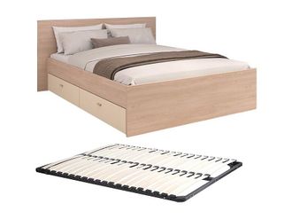 Vente-Unique Cama con 2 cajones 140 x 190 cm - Natural y beige + Somier - VELONA