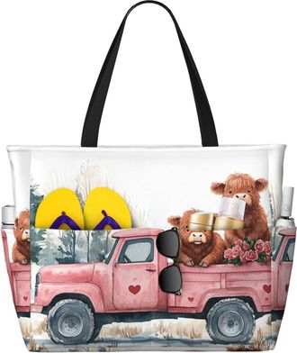 Generic Valentines Highland Cow Print Large Beach Bag Foldable Travel Shoulder Tote Bag With Pocket For Weekender Pool Vacation