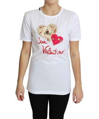 Dolce & Gabbana Womens White San Valentino Heart Crystals T-shirt Top Cotton - Size 4 UK