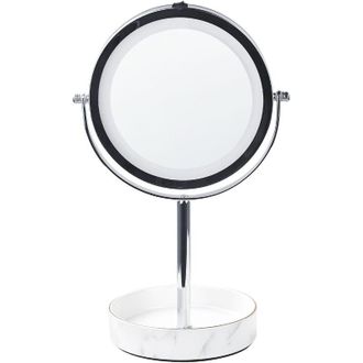 Beliani Espejo De Maquillaje Led De Metal Vidrio Plateado Blanco 20 Cm Doble Cara Savoie