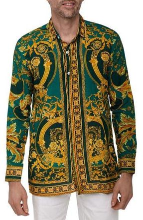 Ranee&rsquo;s Extra Trim Fit Print Linen & Cotton Button-Up Resort Shirt in Dark Gren at Nordstrom Rack, Size Xx-Large