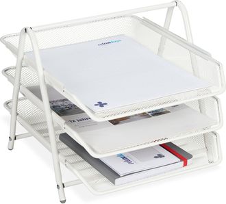 Relaxdays 3 Organizadores Oficina 3 Niveles, Bandeja Documentos Metal, Soportepara Papel A4, 26,5x29,5x 35,5 Cm, Blanco