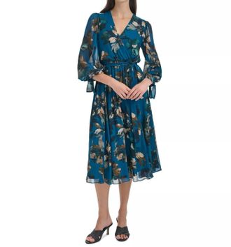 Calvin Klein Printed Long-Sleeve A-Line Dress In Teal