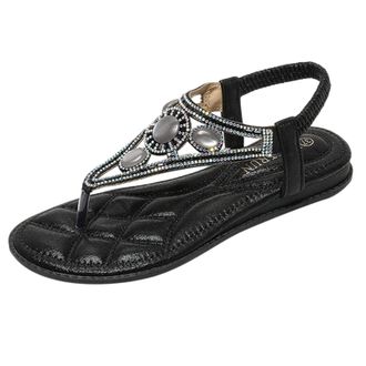 Generic 2026 Bohemian Sandals Beach Flip Flops Thong For Women Rhinestone Slingback Flat (Black, 5.5)