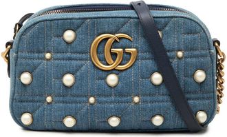 Gucci Pre-owned Gucci Small GG Marmont Pearl Studded Denim Crossbody Ladies PN57YR7HLQDRB3LP
