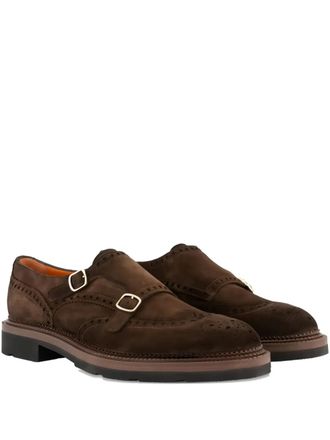 Santoni double-buckles suede monk shoes - men - Rubber/Calf Suede/Calf Leather - 9 1/2 - Brown
