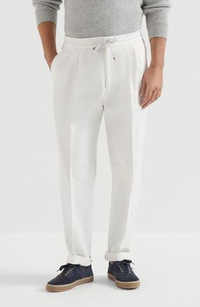 Brunello Cucinelli Garment-dyed twisted cotton gabardine trousers with drawstring and double pleats in Snow at Nordstrom, Size 48