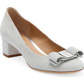 Ferragamo Salvatore Ferragamo Vara Bow Glitter Pump in Argento at Nordstrom, Size 8.5