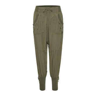 Cream Khaki Elastic Waist Trousers with Ribbed Hem - female - Cream - Straight Trousers - Green - 3XL - Trousers