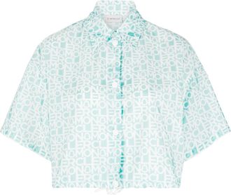 Moncler logo-print cropped shirt - women - Polyester - 38 - Blue
