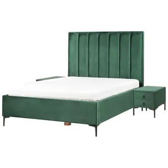 Beliani Conjunto De Dormitorio Moderno Cama 140 X 200 Cm Dos Mesitas De Noche Tapizado Terciopelo Verde Oscuro Sezanne