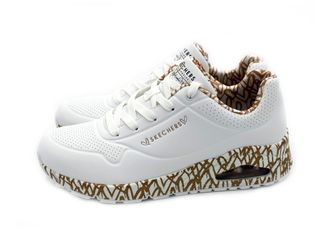 Skechers Womens Uno Love Sneaker, White Durabuck/Rose Gold Print Trim, 3.5 UK