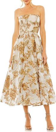 Mac Duggal Womens Strapless Brocade Midi Dress with Pockets in Bronze/beige at Nordstrom, Size 16