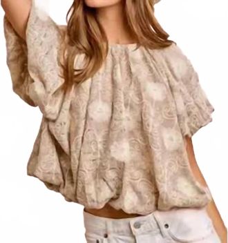 Bibi Flower Embroidered Shirred Neckline Bubble Hem Top In Taupe