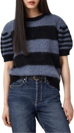 AllSaints Clem Stripe Puff Sleeve Wool & Mohair Blend Sweater in Black/Blue at Nordstrom Rack, Size Medium