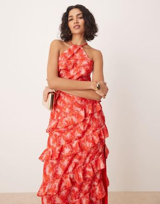 Pretty Lavish halter ruffle midaxi dress in pink abstract floral