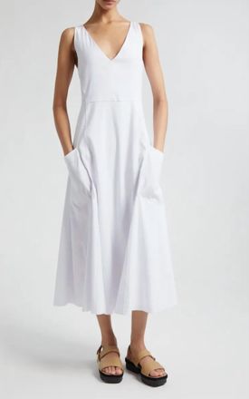 Vince Relaxed V Neck Midi Dress In Optic White