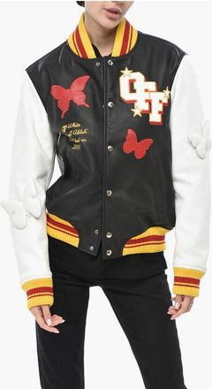 Off-white Two-Tone Leather Bomber Jacket 2013 with Contrast Appliqu&eacute;s size 44