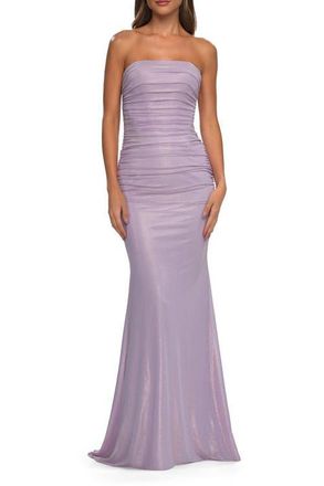 La Femme Metallic Prom Dress with Strapless Top and Flattering Ruching in Lavender at Nordstrom, Size 00