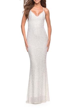La Femme Luxurious Soft Sequin Dress with V Neckline in White at Nordstrom, Size 10