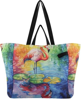 Generic Flamingo Colorful print Reusable Canvas Tote Bag, Heavy Duty Grocery Shopping Bag with Hard Bottom Double Handles Large Capacity Work Groceries Travel