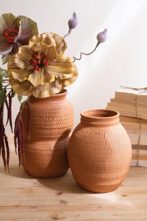 Kalalou Set Of Two Terracotta Vases With Crackle Detail