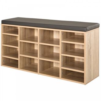 HOMCOM 14-Shelf Shoe Storage Unit - with Cushion Top - Wood-Effect | TJ Hughes