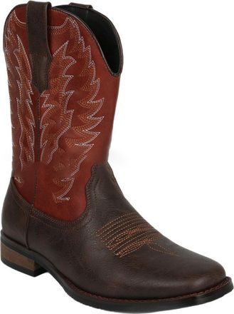 Generic Mens Low Block Heel Western Cowboy Boots Pull on Wide-Calf Boots Square Toe PU Leather Mid-Calf Boot with Embroidery Stitched,Brown,8.5 UK