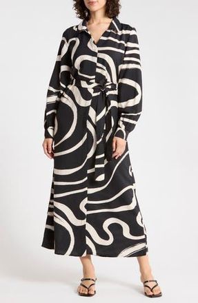 b.young Long Sleeve Print Shirtdress in Black Mix at Nordstrom Rack, Size 10 Us / 42 Eu
