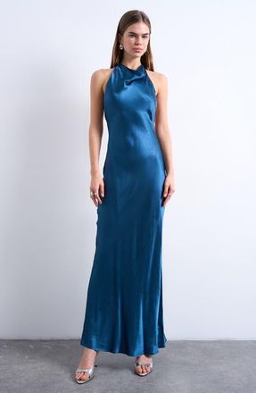 Topshop Cowl Halter Neck Open Back Maxi Dress in Petrol at Nordstrom, Size 14 Us