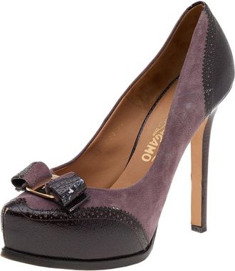 Ferragamo Purple/brown Leather And Suede Vara Bow Pumps