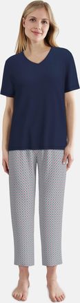 Tom Tailor Pyjama TOM TAILOR, Damen, Gr. 36, blau, dunkel, allover, Single Jersey, Obermaterial: 95% Baumwolle, 5% Elasthan, bequem, V-Ausschnitt, gerader Abschl