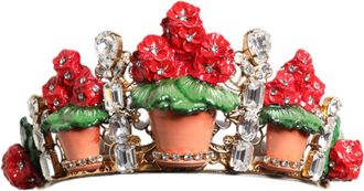 Dolce & Gabbana Womens Red Floral Flowerpot Crystal Gold Crown Tiara Headband Brass Accessory
