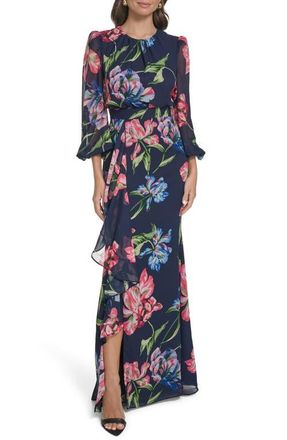 Eliza J Floral Long Sleeve Ruffle Chiffon Dress in Navy at Nordstrom, Size 16