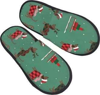 Generic Fuzzy Slippers Christmas With Duchshunds Fluffy Slippers Flat Plush Slides For Women Hotel Guest L
